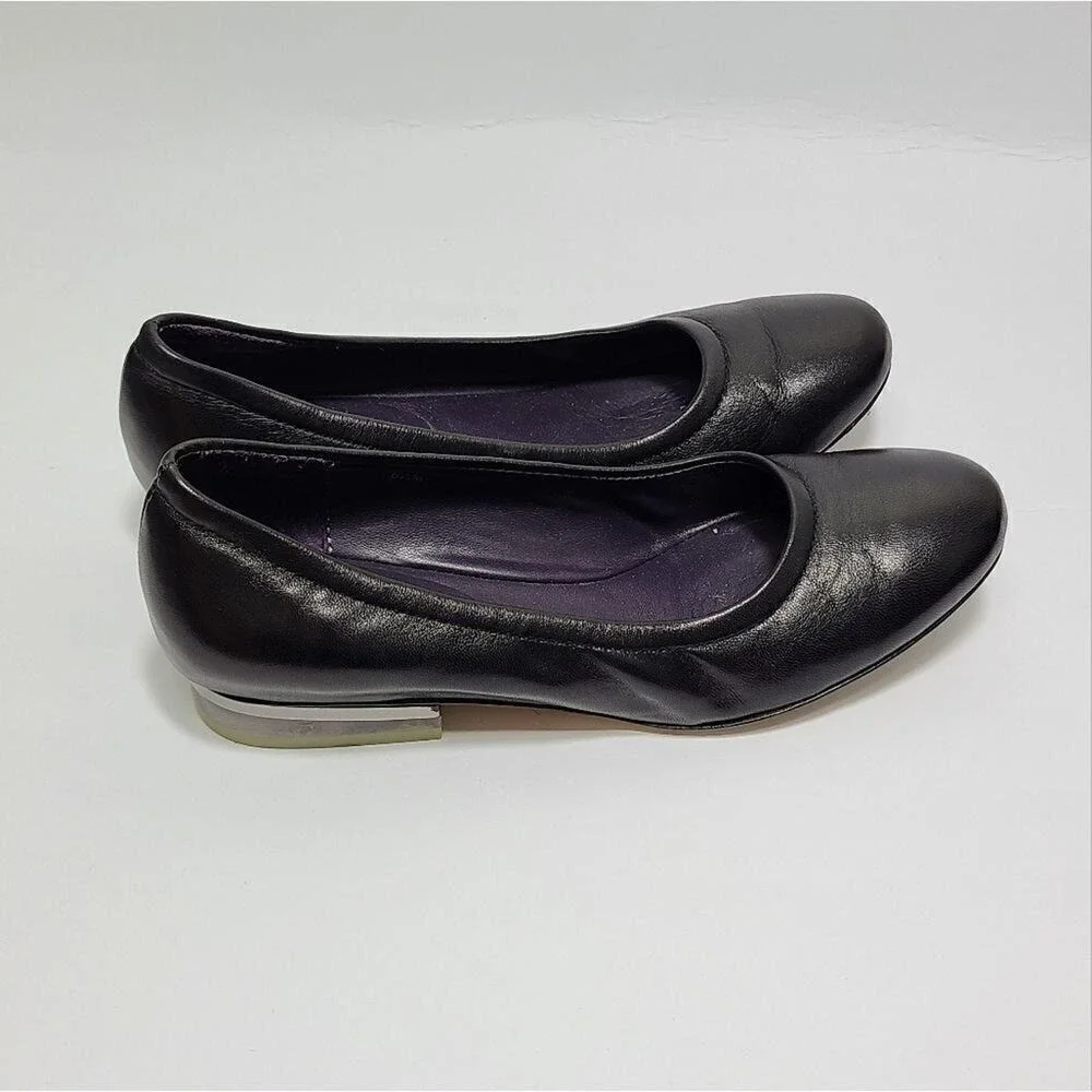 Vaneli Black Leather Round‎ Toe Ballet Flats Clear Lucite Block Heel Size 6.5